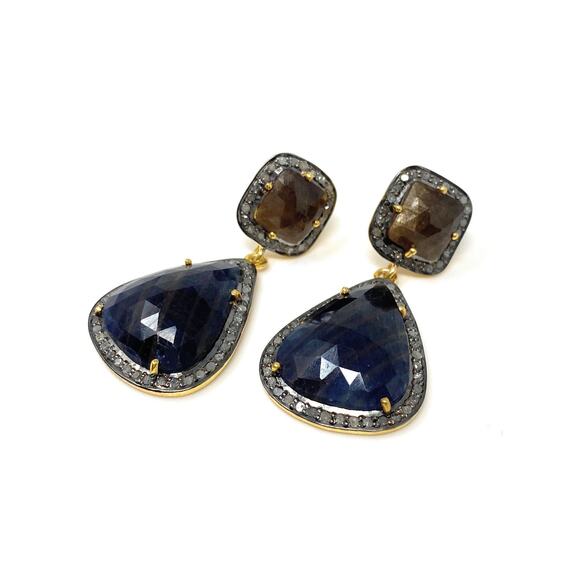 Pave Diamond Earrings, Blue Sapphire and Smoky Sapphire Silver Gemstone Earrings - Picture 1 of 8